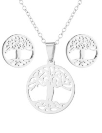 Fashion Silver Stainless Steel Round Hollow Tree Of Life Stud Earrings Necklace Set