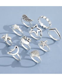 Fashion Silver Alloy Moon Pentagram Wing Shell Ring Set
