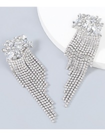 Fashion Silver Alloy Inlaid Rhinestone Flower Tassel Earrings
