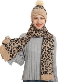 Fashion Beige Leopard Print Knitted Hat Scarf Gloves Three-piece Set
