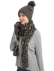 Fashion Dark Gray Leopard Print Knitted Hat Scarf Gloves Three-piece Set