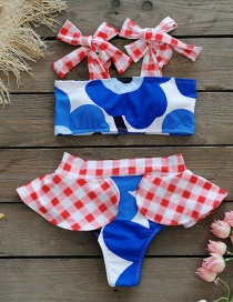 Fashion Blue And White Printing + Pink And White Grid Check Print Ruffled Split Swimsuit