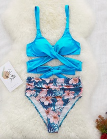 Fashion Blue Top + Pink Bird Pink Flower Solid Color Sling Strap Print Split Swimsuit