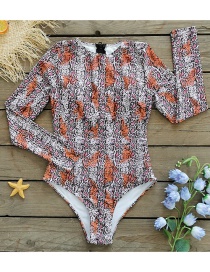 Fashion Orange Pink Snakeskin Pattern Printed Long-sleeved One-piece Swimsuit