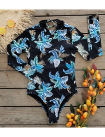 Fashion Green Leaves On Black Printed Long-sleeved Lace-up Swimsuit