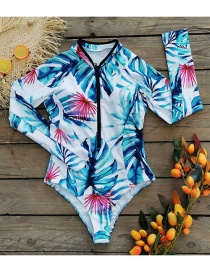 Fashion Orange Green Leaves On White Long Sleeve Printed One-piece Swimsuit