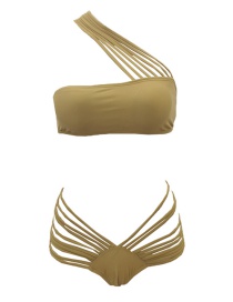 Fashion Khaki Multi-bandage One-shoulder Tube Top Split Swimsuit
