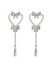 Fashion Silver Color Pearl Love Bow Tassel Earrings