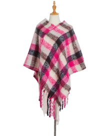 Fashion 07# Rose Red Checked Cloak With Thick Fringe