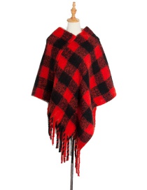 Fashion 01#red Checked Cloak With Thick Fringe