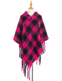 Fashion 03#rose Red Checked Cloak With Thick Fringe