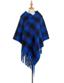 Fashion 09# Royal Blue Checked Cloak With Thick Fringe