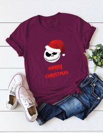 Fashion Red Wine Christmas Grimace Print Round Neck Short-sleeved Top