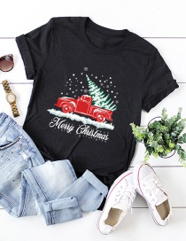 Fashion Black Christmas Car Christmas Tree Print Round Neck Short-sleeved Top