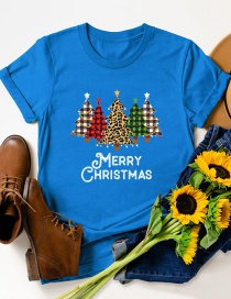 Fashion Princess Blue Christmas Tree Print Round Neck Short Sleeve Top