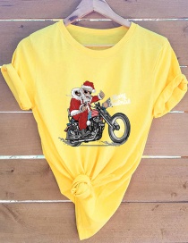 Fashion Yellow Santa Moto Print Crew Neck Top