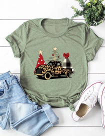 Fashion Armygreen Christmas Car Print Crew Neck Top