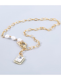 Fashion White Alloy Pearl Square Diamond Chain Necklace