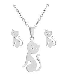 Fashion Steel Color Stainless Steel Christmas Cat Stud Earrings Necklace Set