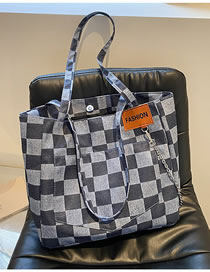 Fashion Navy Blue Large Capacity Checked Shoulder Bag