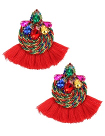 Fashion Red Alloy Colored Diamond Braided Tassel Earrings