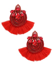 Fashion Red Alloy Diamond Braided Tassel Stud Earrings
