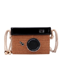 Fashion Brown Straw Square Box Woven Camera Diagonal Bag