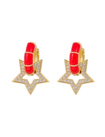 Fashion Red Copper Inlaid Zircon Drop Oil Pentagram Stud Earrings
