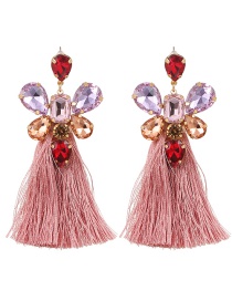 Fashion Leather Pink Alloy Diamond Drop Tassel Earrings