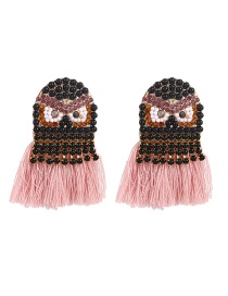 Fashion Light Pink Alloy Diamond Owl Tassel Stud Earrings