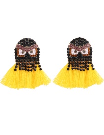 Fashion Yellow Alloy Diamond Owl Tassel Stud Earrings