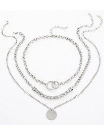 Fashion Silver Three-piece Geometric Diamond Ring And Disc Necklace