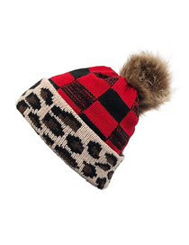 Fashion Leopard Red Check Christmas Leopard Plaid Curled Wool Ball Knitted Hat
