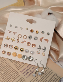 Fashion Gold Alloy Diamond Pearl Flower Geometric Stud Earring Set