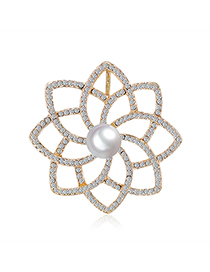 Fashion Gold Alloy Diamond Pearl Hollow Flower Brooch