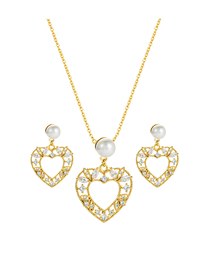 Conjunto De Collar De Perlas En Forma De Corazón Hueco Con Diamantes De Cobre