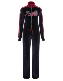 Fashion Navy Blue Letter Embroidered Jacket High Waist Straight Pants Set