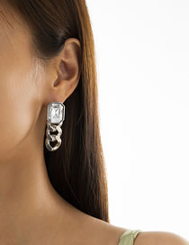 Fashion Silver Color White Diamonds Alloy Geometric Square Diamond Chain Earrings