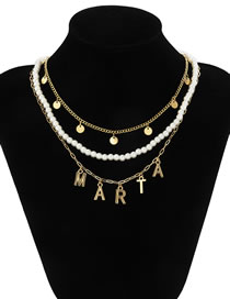 Fashion Gold Color Metal Chain Letter Tassel Pearl Multilayer Necklace