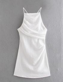 Fashion White Cotton And Linen Sling Pleated Dress