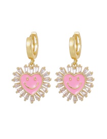 Fashion Pink Titanium Steel Inlaid Zirconium Drop Oil Love Smiley Earrings