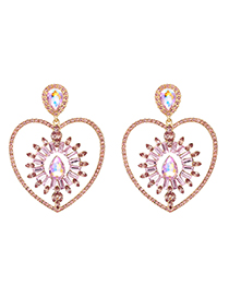 Fashion Champagne Powder Alloy Diamond Hollow Heart Stud Earrings