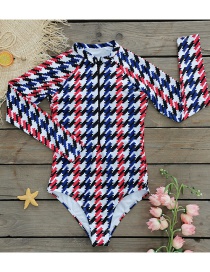 Fashion Black Red Blue Houndstooth Check Stripe Zip One Piece Long Sleeve Swimsuit