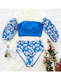 Fashion Blue Pink Flower Floral One-shoulder Split Swimsuit