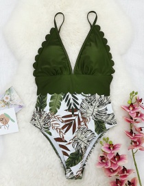 Fashion White And Green Printing Sling Print Stitching Trimming One-piece Swimsuit