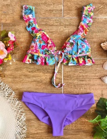 Fashion Blue Bottom Powder White Flower + Purple Bottom Pants High Waist Printed Ruffled Split Swimsuit
