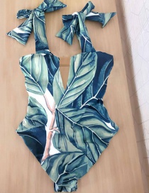 Fashion Green Leaves Printed Strappy Sling One-piece Swimsuit