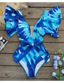 Fashion Blue Tie-dye Printed Mesh Stitching Deep V One-piece Swimsuit