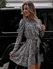 Fashion Black And White Floral Print Long-sleeved Lace-up Dress