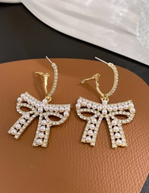 Fashion Gold Full Diamond Pearl Bow Stud Earrings